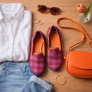 Rare Rothy’s The Loafer Gingham Magenta Maroon Orange Insole Women’s 7